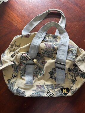 Harajuka Lovers Beige Canvas Tote with Multicolor Feather Motif